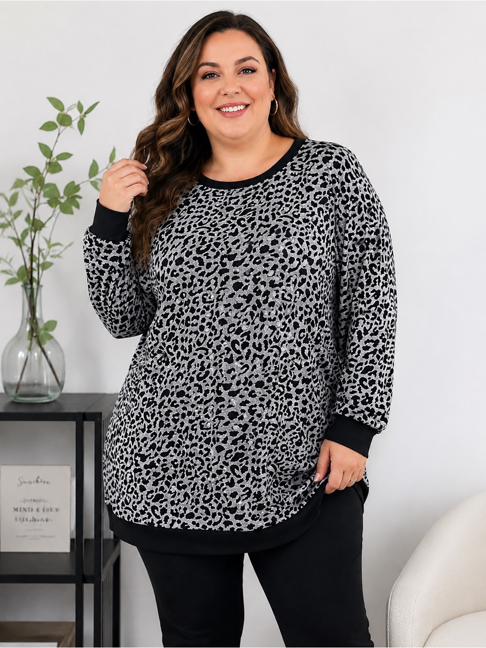Sunshine & Rodeos 3XL Leopard Print Long Sleeve Tunic Top Black Gray